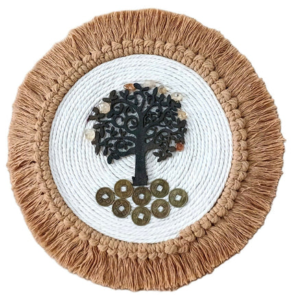 Decoración de pared artesanal del Árbol de la vida, Citrino y Monedas. Adorno colgante holístico