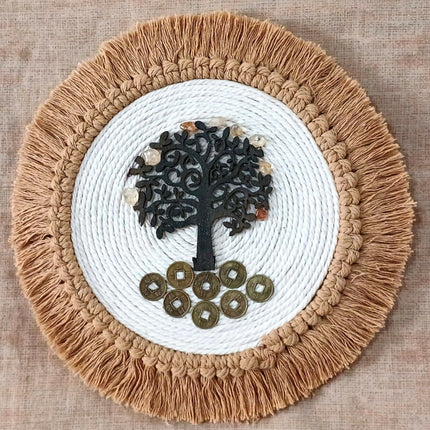 Decoración de pared artesanal del Árbol de la vida, Citrino y Monedas. Adorno colgante holístico