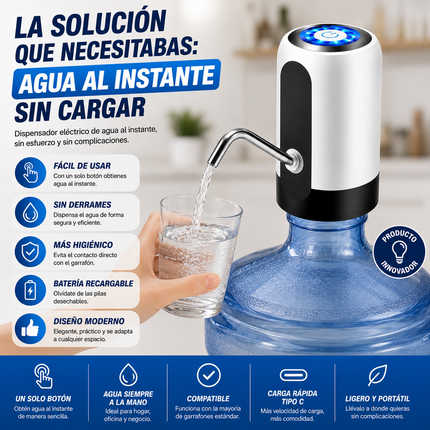 Dispensador de Agua Eléctrico Recargable para Garrafón USB Automático