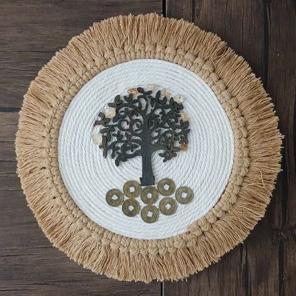 Decoración de pared artesanal del Árbol de la vida, Citrino y Monedas. Adorno colgante holístico