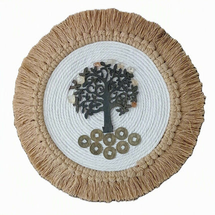 Decoración de pared artesanal del Árbol de la vida, Citrino y Monedas. Adorno colgante holístico